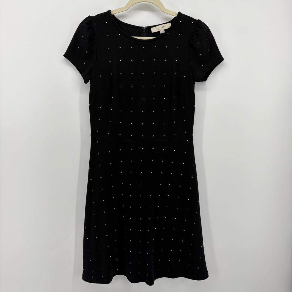 LOFT Dress Black Womens 0 Studded Fit and Flare Short Sleeve Ponte Knit Office